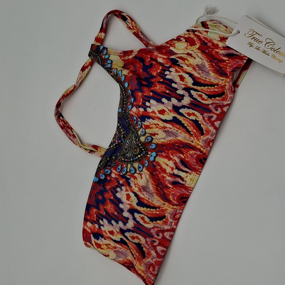 True Colours by La Moda Embellished One-Shoulder Bikini Top Red XL